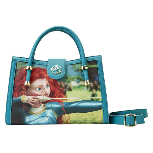 Teal crossbody bag featuring different scenes from Disney's Brave on each panel.